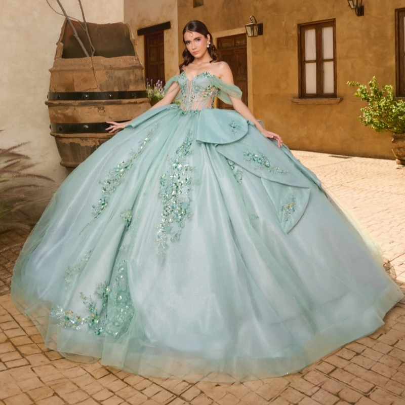 

Light Green Shiny Quinceanera Dresses Off The Shoulder Applique Lace Beads Bow Tull Corset Party Birthday Sweet 16 Dress Vestido