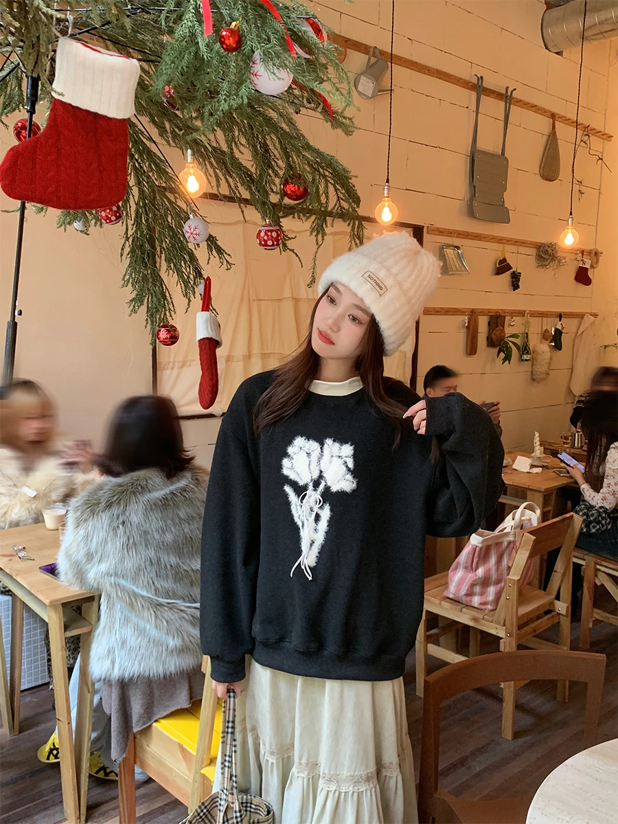 

Толстовка-худи Bla Diamond с вышивкой, ретро-стилем, из искусственного меха, с высоким воротником, свободного кроя, с длинными рукавами, круглым вырезом, цельная.