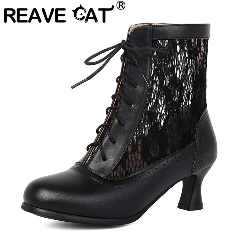 

REAVE CAT Women Summer Boots Round Toe 6.5cm Strange Heels Lace Up Plus Size 41 42 43 Breathable Dating Mid Calf Booties White