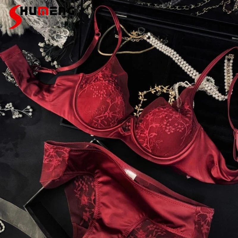 French Lace Bra Set for Women Satin Chest Push Up Anti-Sagging Brief Suits Female Large Chest Sexy Underwear Intimates