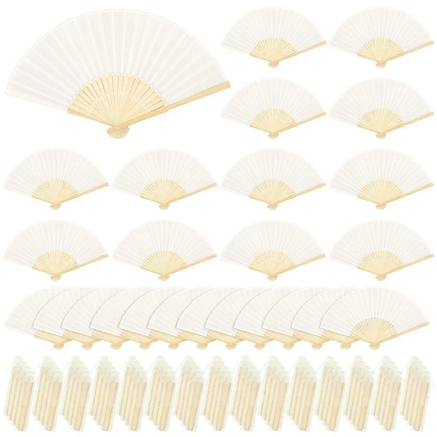

80 Pieces Handheld Fans Silk Bamboo Folding Hand Fans Silk Fabric Folding Fans with Organza Bags for Church Wedding Party Favors