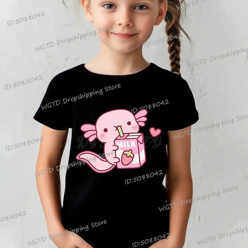 Children's Clothing Cute Axolotl Loves Strawberry Milk T Shirt Short Sleeve O-Neck Casual Boy Girl Cartoon Axolotl Anime T-shirt