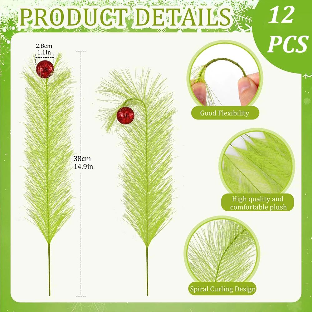 3/12PC Weihnachtssprays für den Baumspitzen-Dekor, Limettengrün, lockig mit roter Kugel, künstliche Pampasgras-Stiele für Weihnachtsbaum-Dekorationen und Heimdekoration – Detail 3