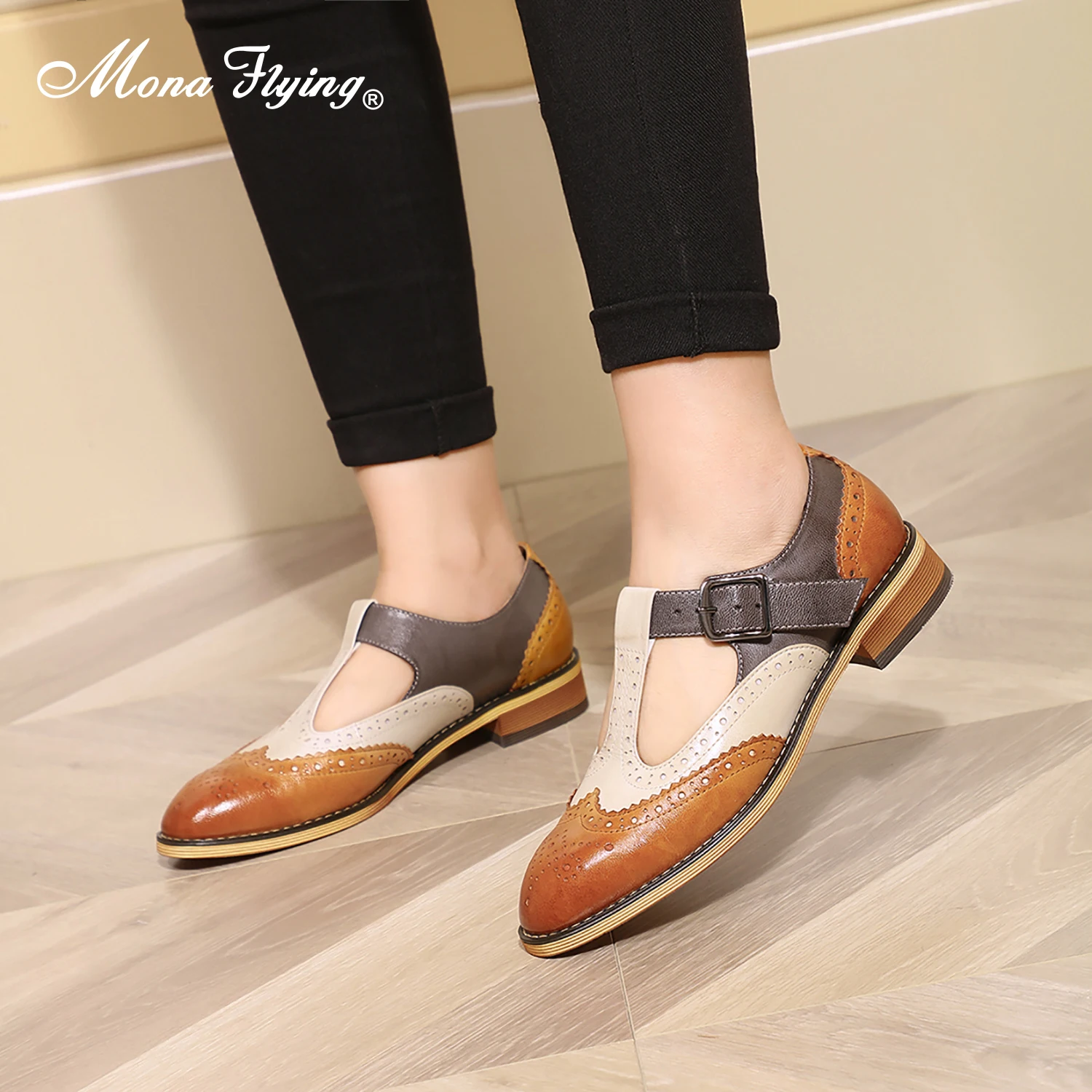 Mona Flying Women's Mary Jane Comfortable Genuine Leather Flats Shoes Handmade Vingtage Buckle T Strap Shoes For Ladies L092-1