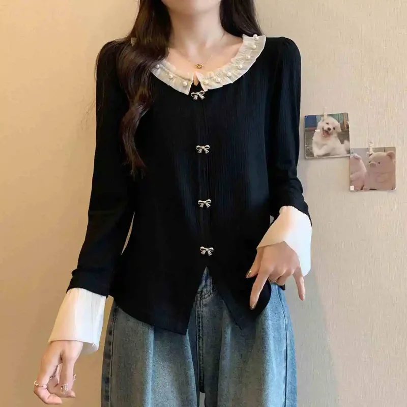

2025 Autumn New Style Beaded Slightly Fat Round Neck Long Sleeve Base Shirt