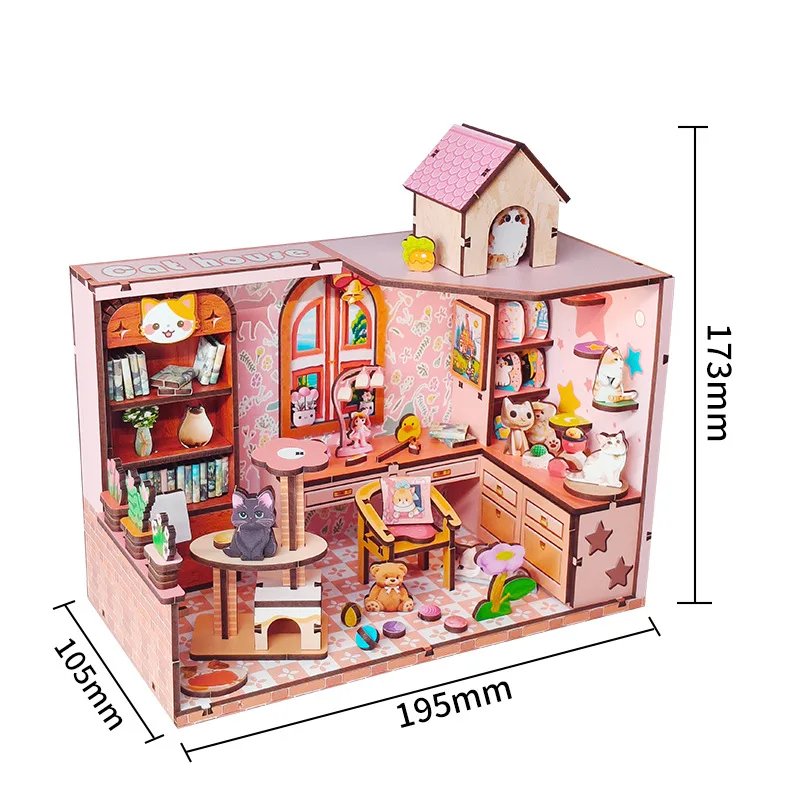 Diy kits de construção em miniatura de madeira casa de gato casas de boneca com móveis casas de bonecas para amigos presentes de aniversário