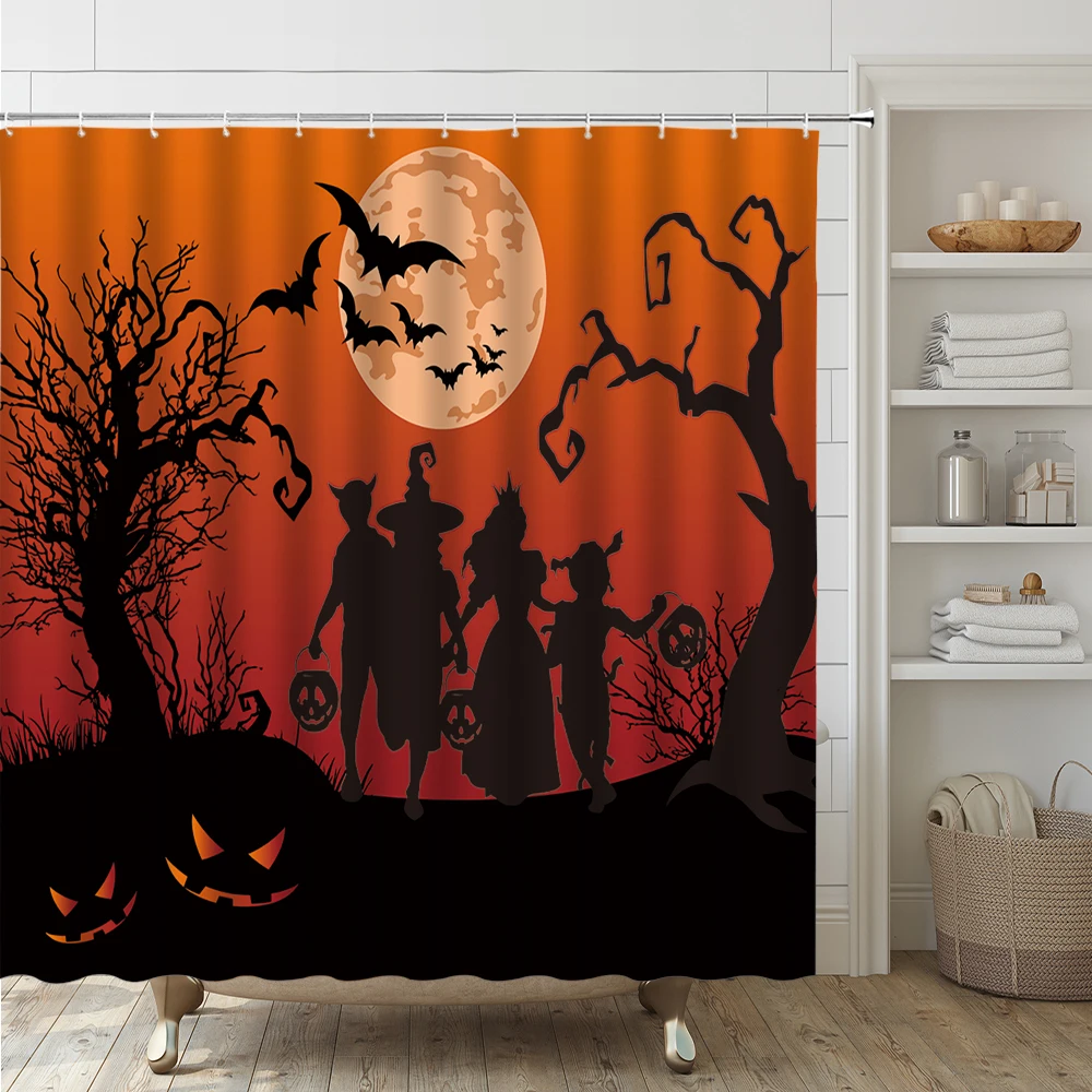 Halloween Witch Shower Curtain Set Dead Tree Pumpkin Bat Full Moon Bathroom Decor Screen Non Slip Bath Mat Rug Toilet Cover Home