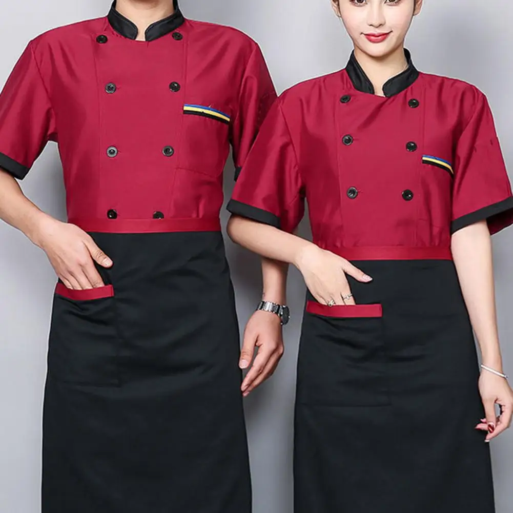 Kitchen Unisex Chef Jacket Double Breasted Short Sleeve Stand Collar Food Service Uniform Chef Shirt Waiter Top