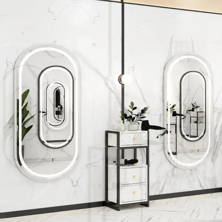 Mesa profissional beleza salão de beleza móveis espelhos dourados barbeiro para salão de beleza