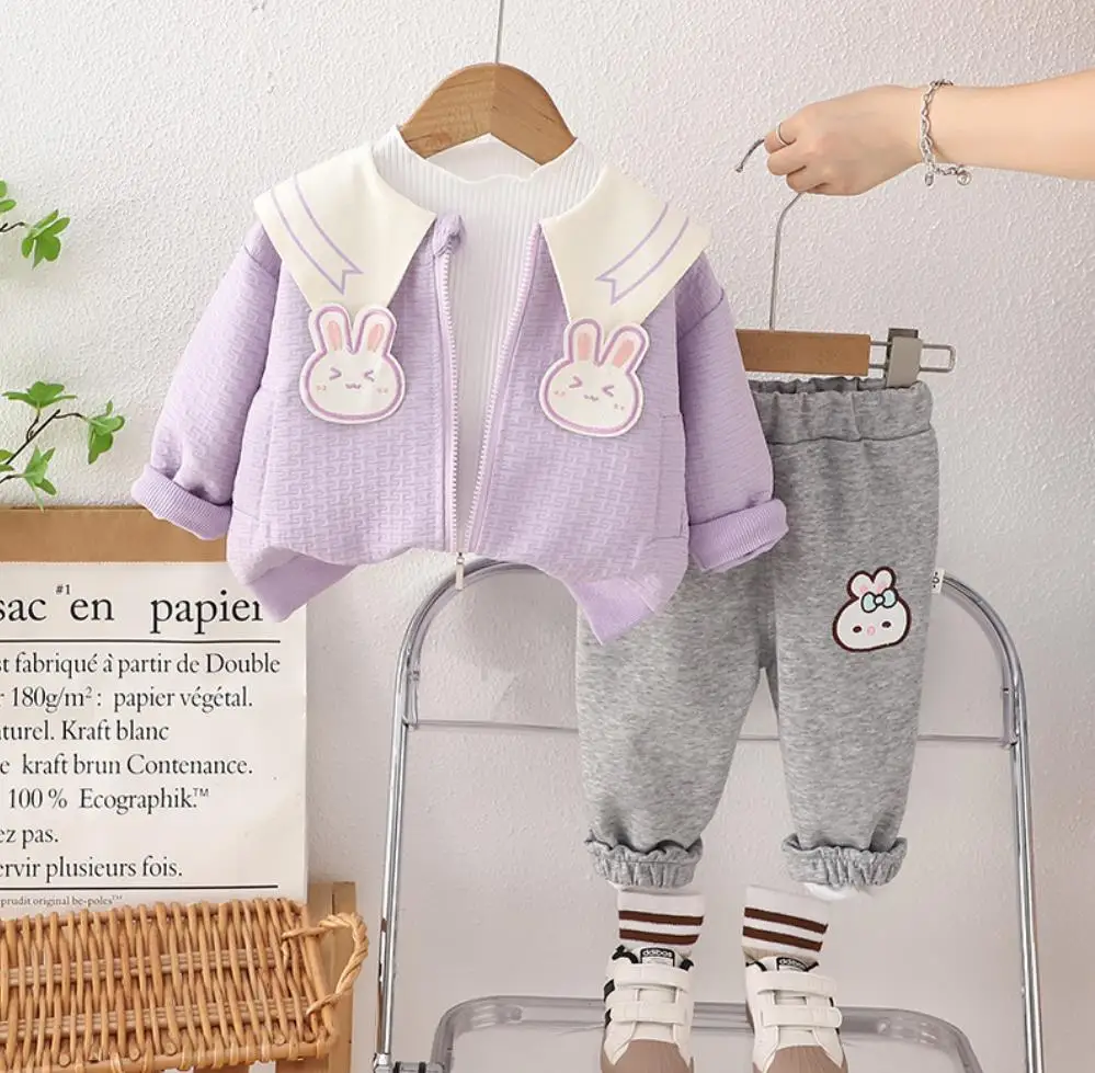 

Girls Autumn Clothes Sets Korean Fashion Infant Outfits Cartoon Peak Collar Bunny Zipper Jackets+T-shirts+Pants Kids Tracksuits