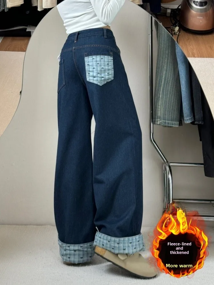アメリカンハイストリートデザインの格子柄スプライシング、裏地付きデニムパンツ、レディース秋冬ルーズストレートワイドレッグフロアレングス...