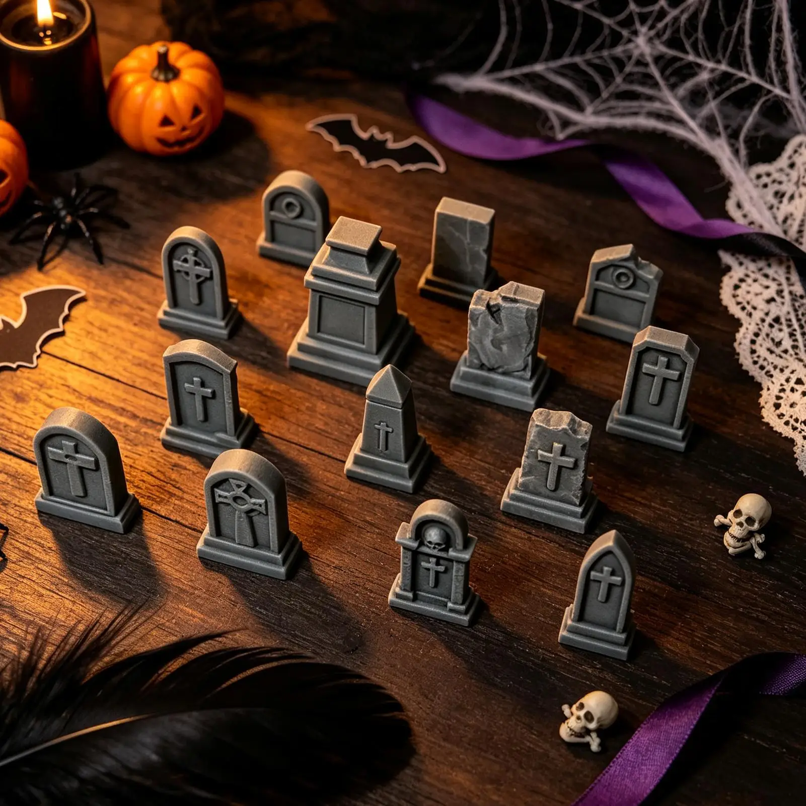 Halloween Tombstones 14 Pieces Mini 3D Printed Spooky Tombstones Figurine Halloween Decor for Haunted Houses Classroom Projects
