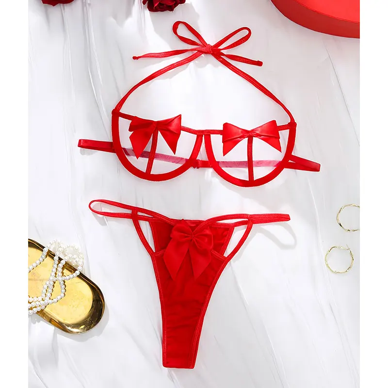 Seductive Bow Lingerie Set Halter Strappy Bra & Cut Out Thong Women's Sexy Underwear Erotic Sets Super Hot Bras With Steel Ring