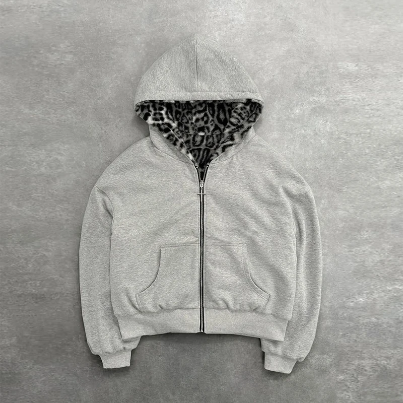 Vintage Leopard Print Hoodie Y2K Super Zipper Jacket Women's Punk Rock Coat Harajuku Street Gothic Trash Aesthetic Sweater