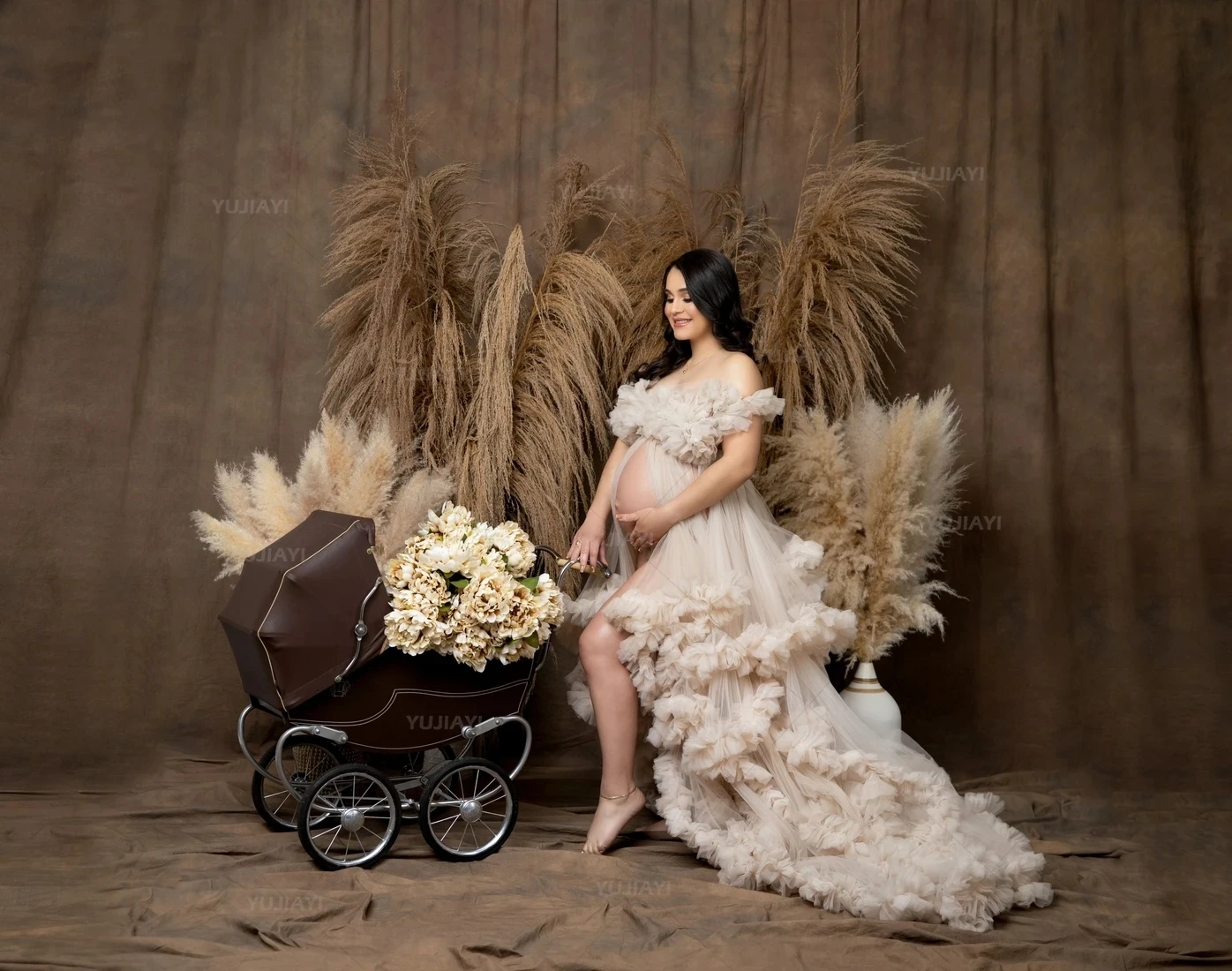 Vestido de embarazo escalonado con volantes para mujer, traje bohemio de tul hinchado para sesión de fotos, bata de maternidad, camisón para Baby Shower, ropa de dormir