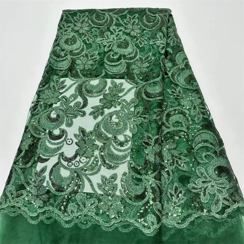 

5Yard African Lace Fabric With Sequins Tulle Embroidery French Mesh Net Lace For Sew Wedding Party Dress Green High Quality 2024