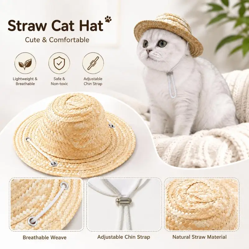 Cute Pet Straw Hat Adjustable Chin Strap Lightweight Breathable Sun Hat For Cat Small Dog Photo Prop Accessories