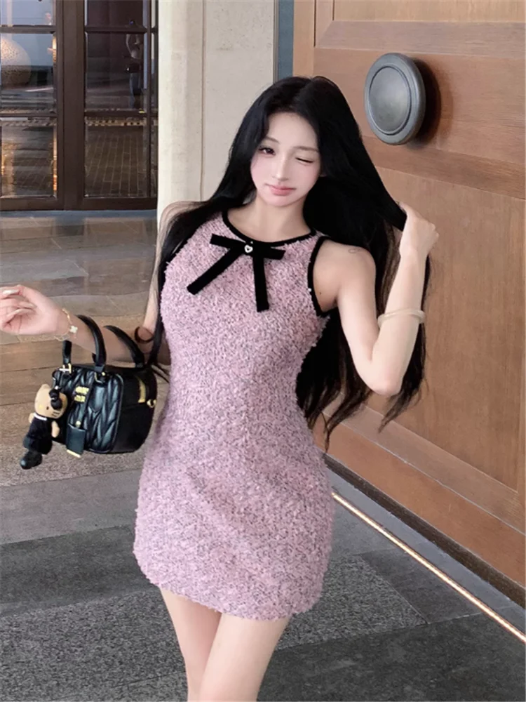 French Celebrity Lady Summer Bow Purple Pencil Tank Dress Elegant Women Sleeveless Bodycon Suspender Straps Mini Party Dress