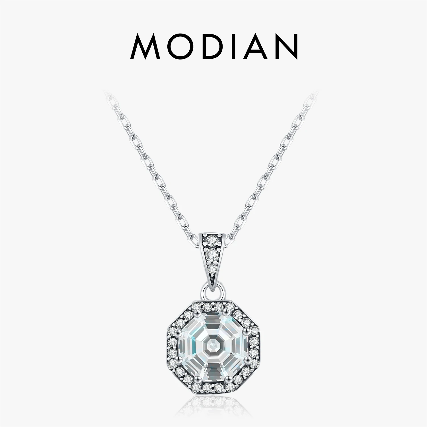 

MODIAN 925 Sterling Silver Simple Link Chain Necklace Retro Octagon Zircon Pendant Necklace For Women Fine Jewelry