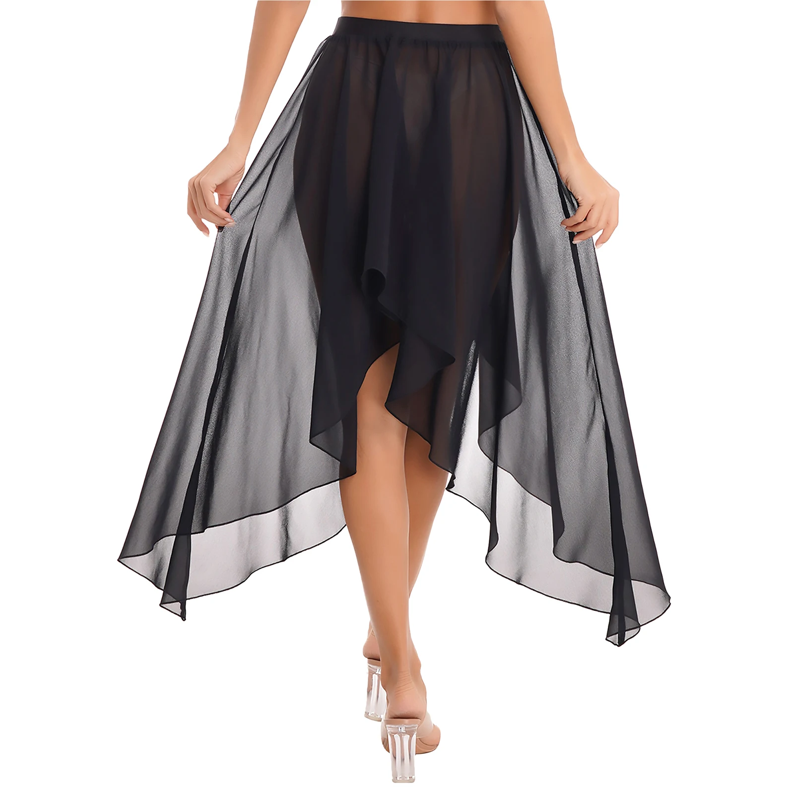 Women Latin Dance Skirt Semi See Through Asymmetrical Hem Skirts Elastic Waistband Belly Dancing Ballet Samba Rumba Dancewear