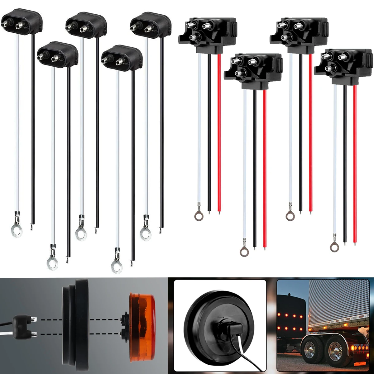 

Truck Trailer 2 Pigtail Harness, Right Angle 2/3Pin Trailer Light Connector Fits with 2" and 2.5" Side Marker/Clearance Light