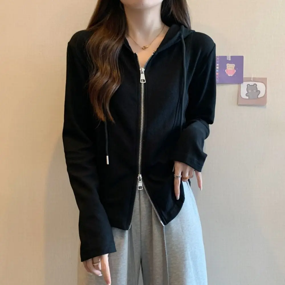 

Simple Irregular Female Solid Hoodie Slim Fit Zipper Long Sleeve Shirt Sweatshirt Korean Drawstring Shrug Pullover Women