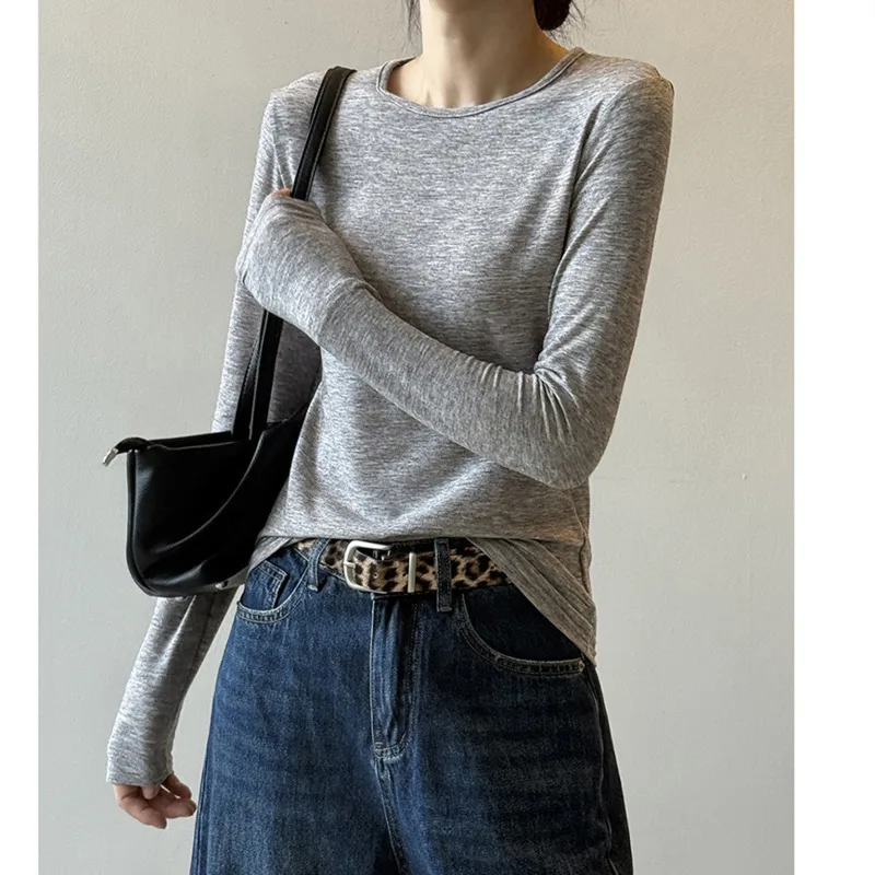 WHTREND الكورية نمط الجولة الرقبة بلون تي شيرت للنساء الخريف البلوز سليم صالح بسيط كم طويل قاعدة قميص WH2016 #4