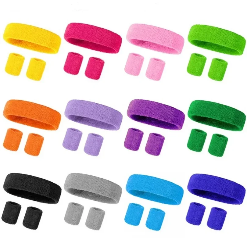 

New Hot Athletic Sweatband Hairband Headband Wristband Set in 3-Pack Cotton Head Sweat Bands for Running, Cycling, Yoga, Spa