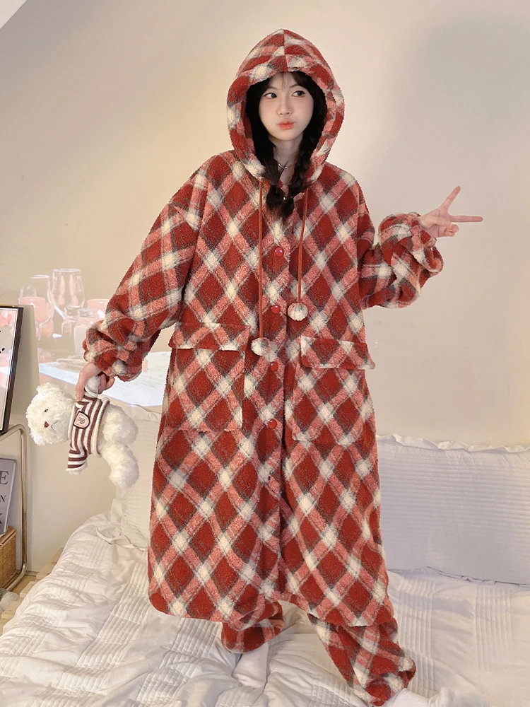 DAIMELU winter nightgown women's coral fleece thickened flannel simple pijamas plaid hooded pajamas set loungewear suit female