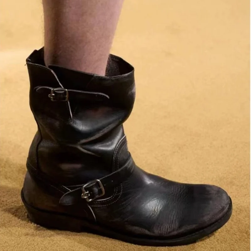 American Retro Distressed Western Cowboy Boots Man Handcrafted Belt Buckles Mid-Tube Boots Round Toe Riding Boots Autumn Winter