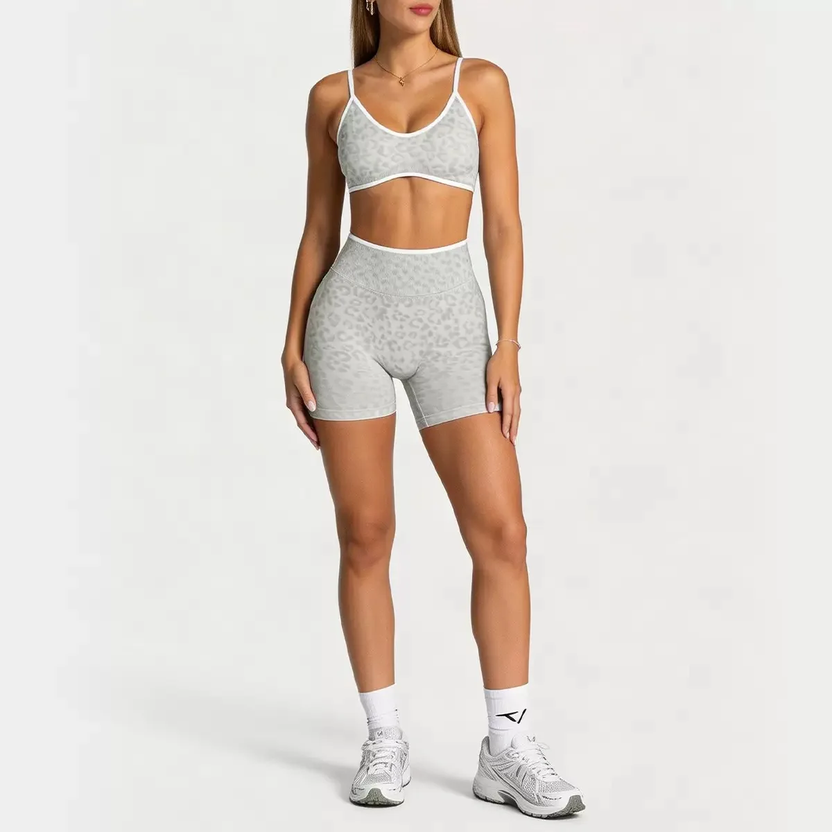Women's Leopard Print Yoga Wear, Nude-Feel Camisole Bra & Seamless High-Waisted Shorts, Fitness Pilates Sports Apparel