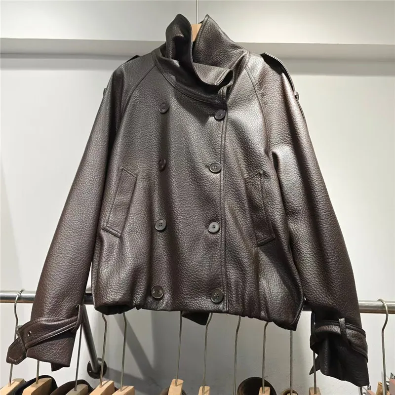 2026 New Autumn Oblique Stand Collar Double-breasted PU Leather Jacket Streetwear Long Sleeve Loose Women's Faux Leather Coats