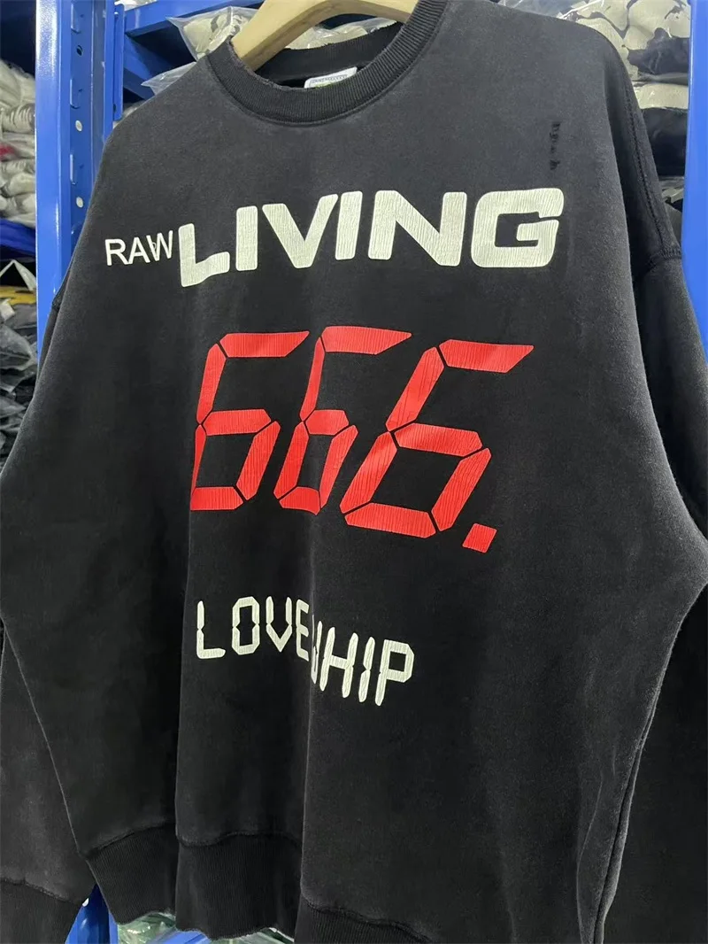 SAINT MICHAEL RAW LIVING 666 LOVE WHIP Sweatshirts Men Women Pure Cotton Black Washed Hoodies