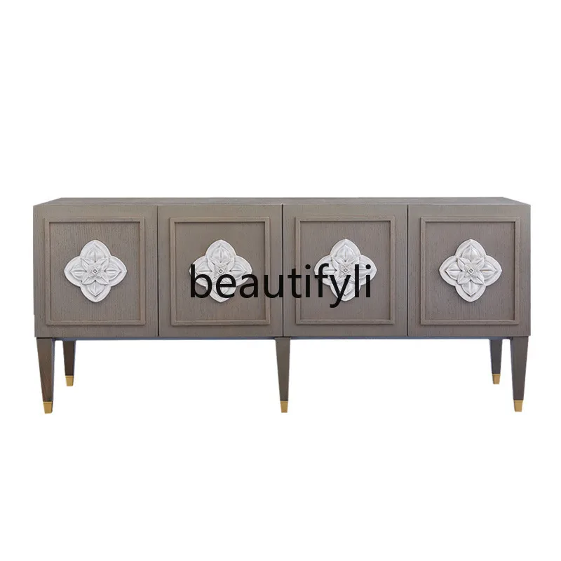 

American solid wood light luxury door cabinet TV cabinet Modern high-grade gray carved wall cabinet Living room model room