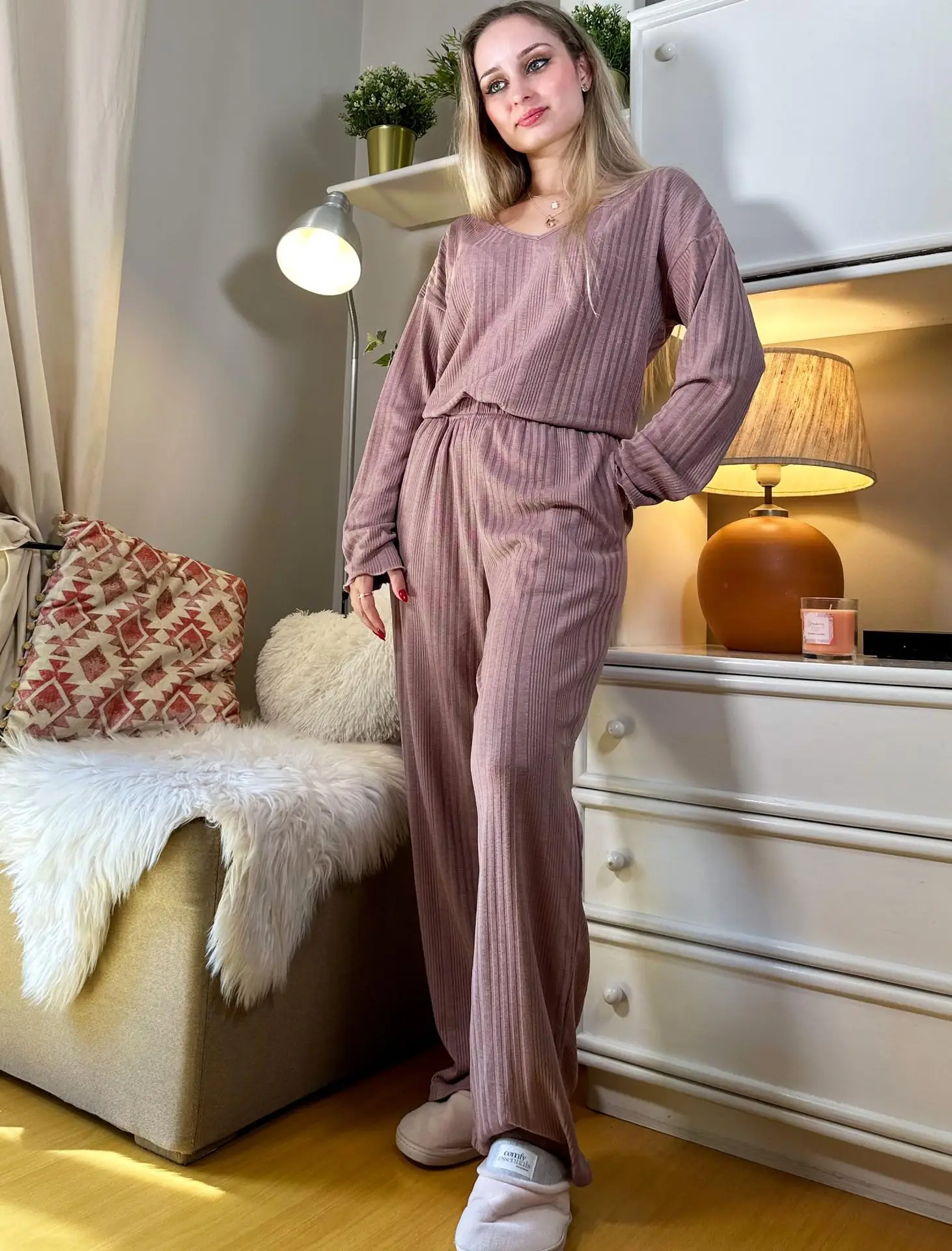 Autumn and Winter Women\'s Home Clothing Set Long Sleeve Long Pants Two Piece Set Ribbed Warm Home Sleepwear