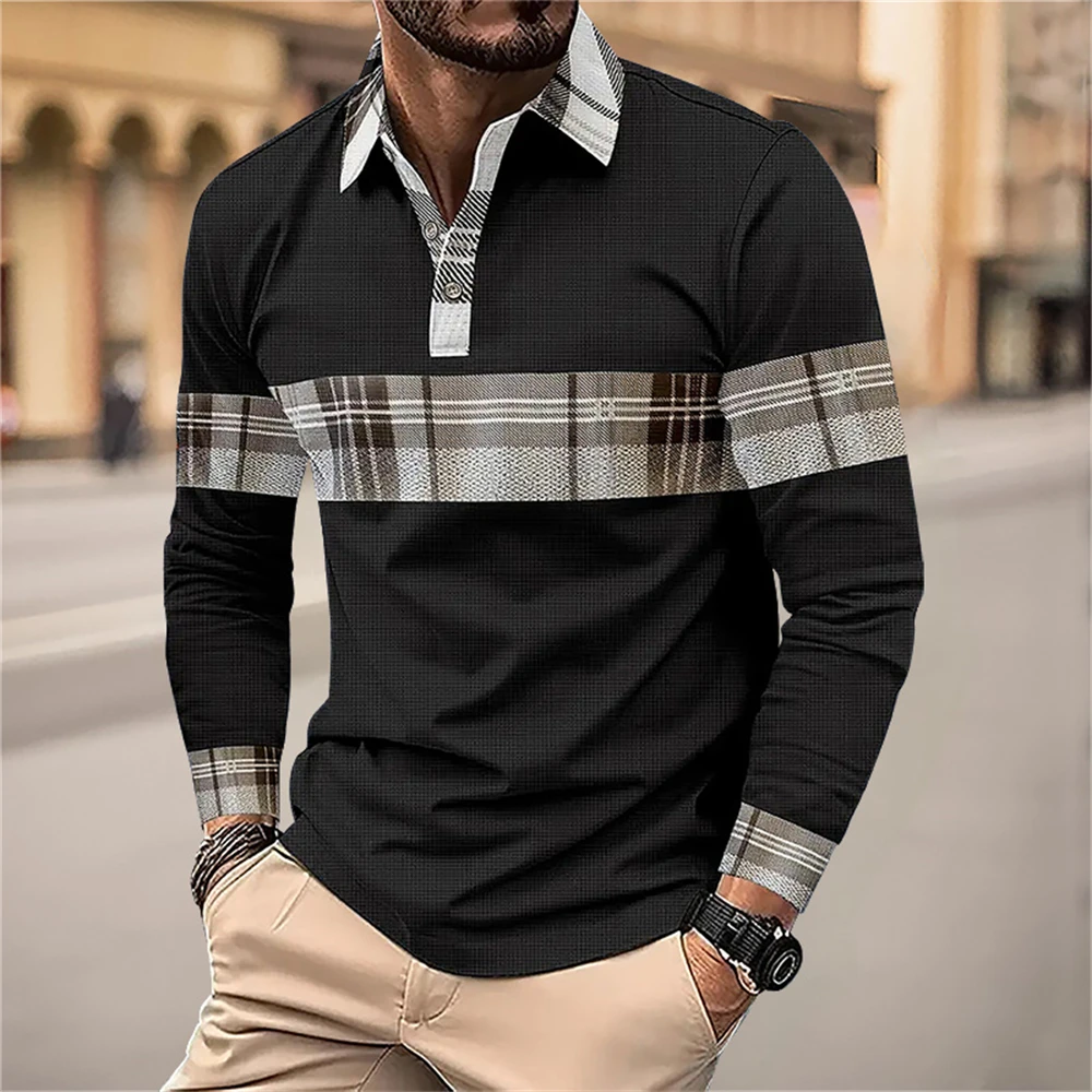 Fashion Flip Collar Office Polo Shirt Men\'s Breathable Leisure Long Sleeve Tops New Spring and Autumn Plaid Casual Mens Clothing