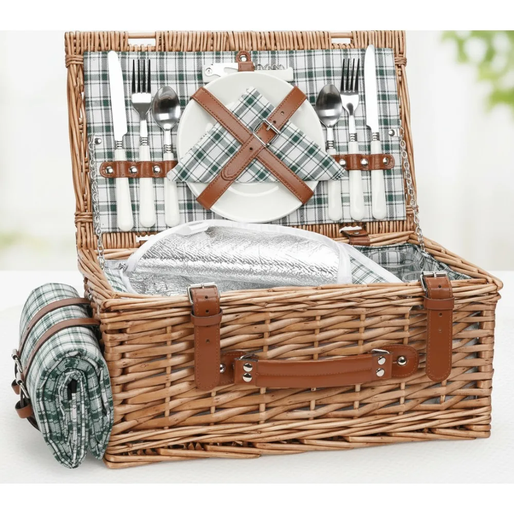 

2-Person Willow Picnic Basket Set with Waterproof Blanket & Insulated Cooler for Camping, Wedding Gifts