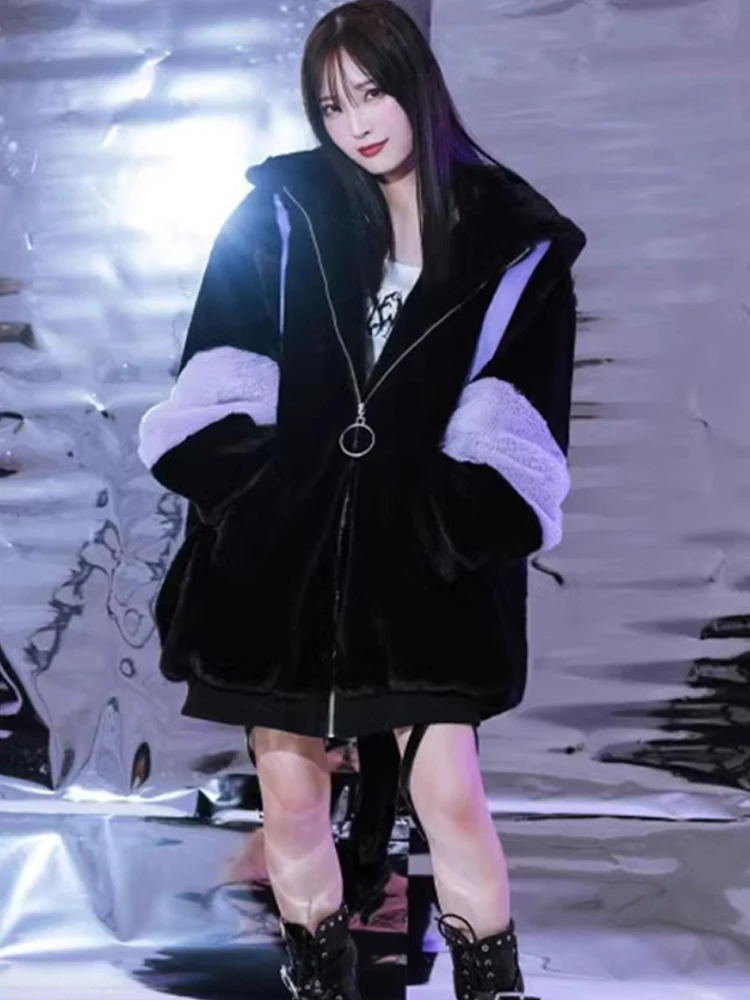 Mauroicardi Winter Thick Warm Soft Cute Purple and Black Color Block Faux Fur Coat Women Fluffy Jacket Hoodie with Bunny Ears