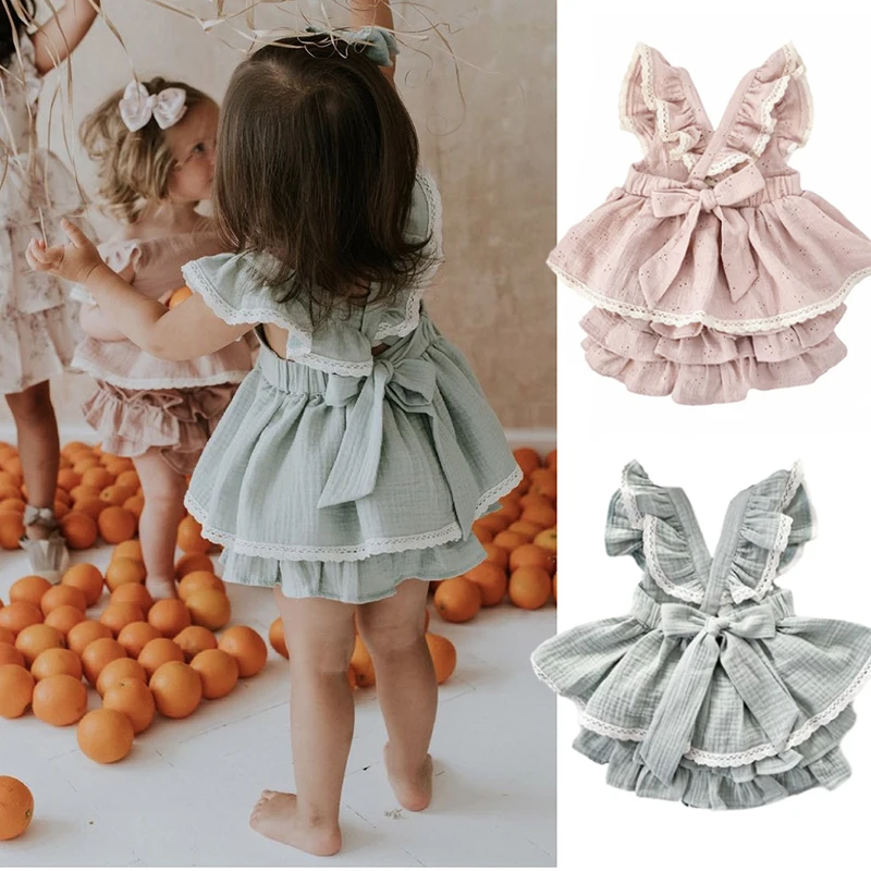 1 Set Vintage Baby Girl Sleeveless Criss-Cross Dress Kid Ruffles Dress+Lace Shorts Todder Princess Dresses Children Clothing 4T