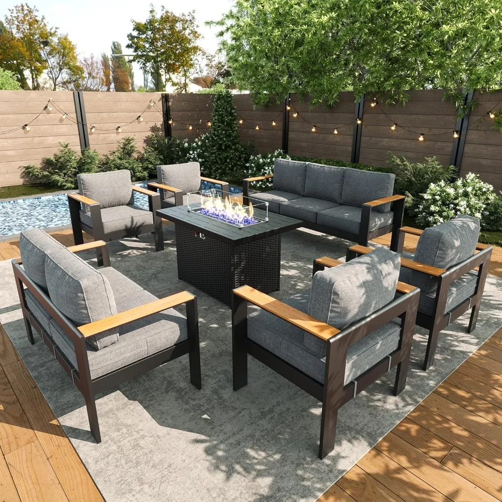 

7-piece Aluminum Outdoor Furniture Set, Including A Brazier Table and A Deep Seating Area for An Outdoor Patio