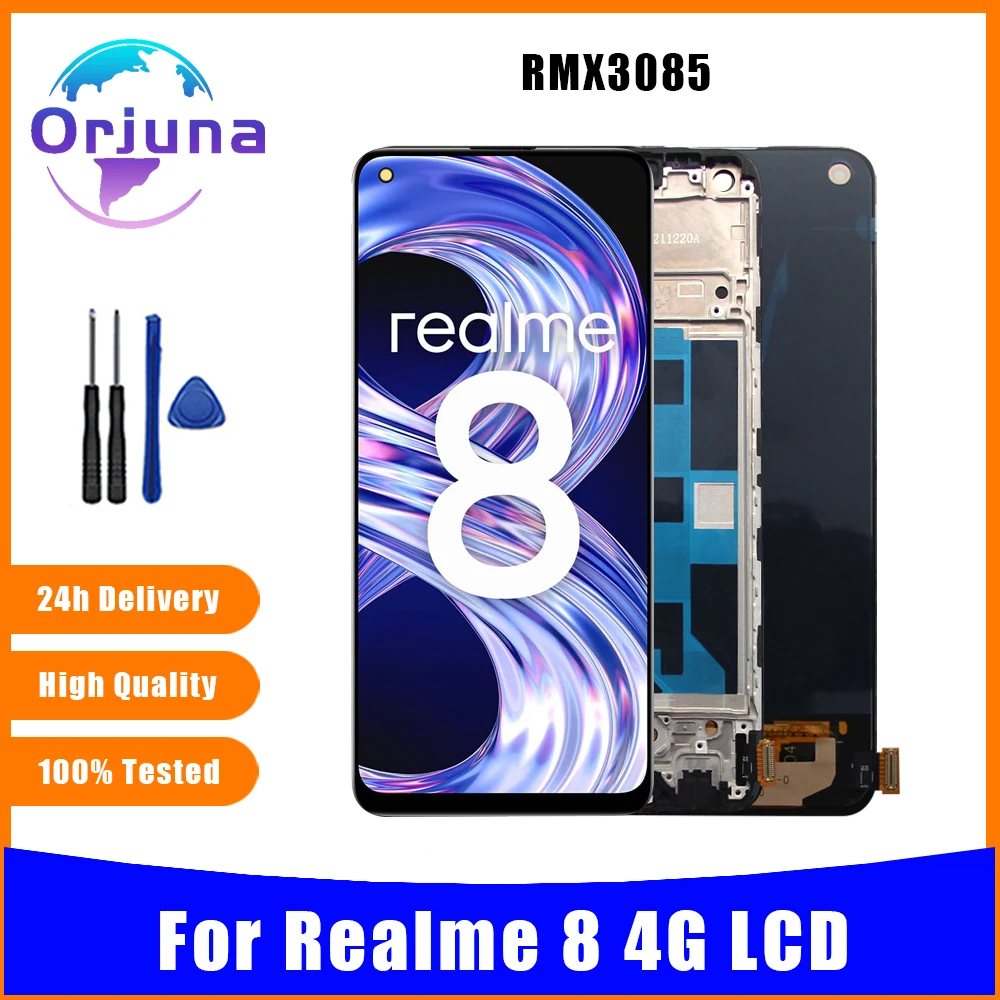 Super AMOLED For Realme 8 4G RMX3085 LCD Display Touch Screen Digitizer For Realme 8 4G LCD With Frame Replacement