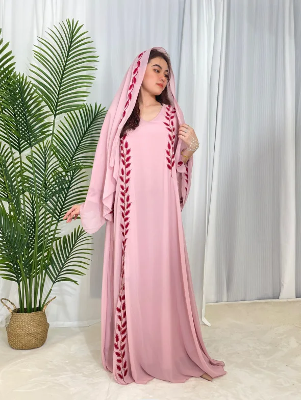 Abayas Bordado para Mulheres, Eid Muslim Abaya, Manto Longo Médio, Kaftan O-Neck, Lenço de Turquia, Lindo e Solto, Dubai e Árabe