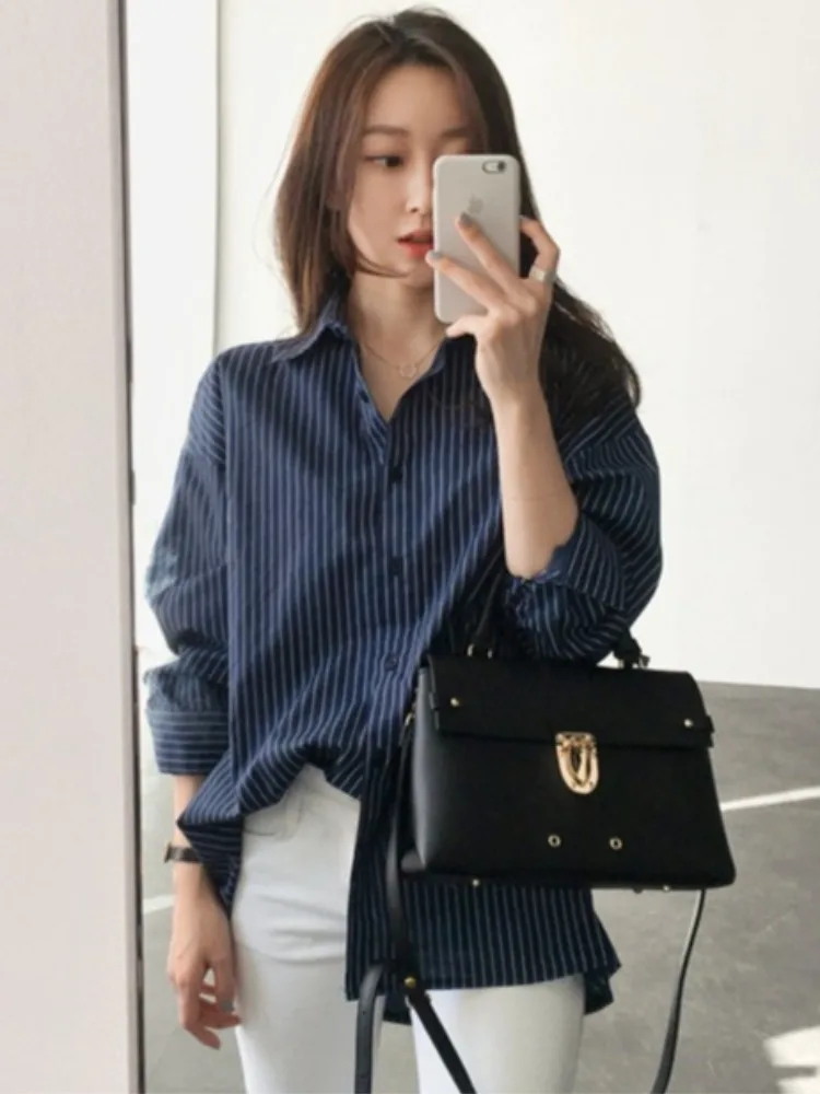 Coréen Sle ample longue Sve rayé irt femmes monocouche vêtements intérieurs automne printemps Faionable blanc irt