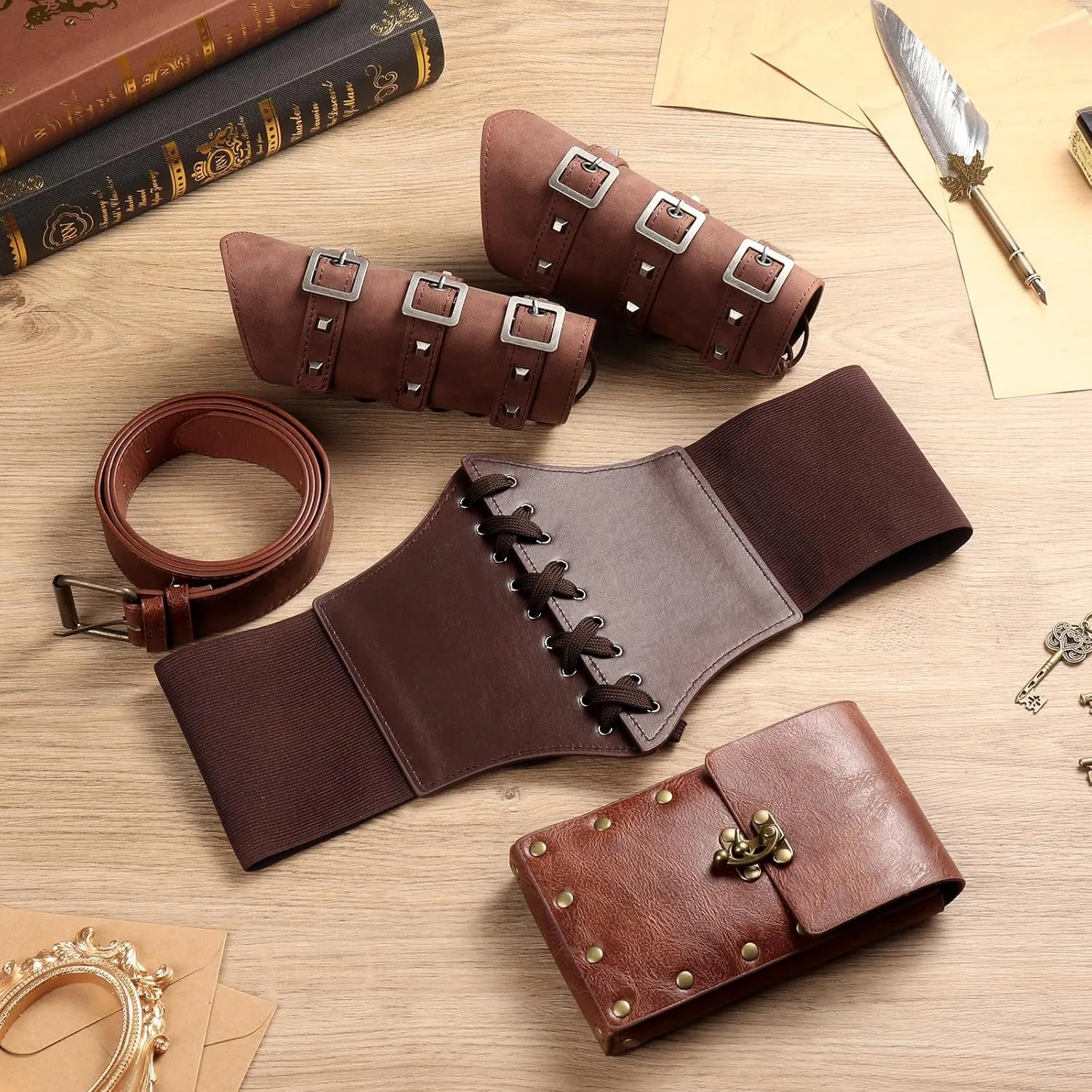 5pcs Medieval Renaissance Costume Set Wallet/Belt/Pouch/Keychain Corset PU Leather Belt Wallet Hiking Steunk Viking Cosp