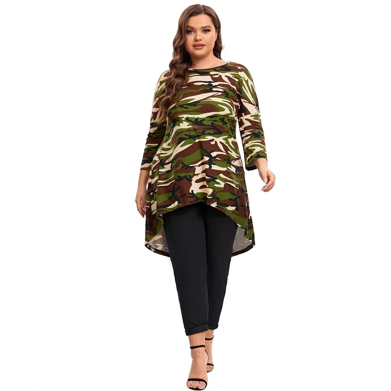 Plus Size Long Sleeve Camouflage Tunic Tops Long Loose Elegant Autumn Hi Low Swing Blouse T-shirt Plus Size Odzież Damska 6XL