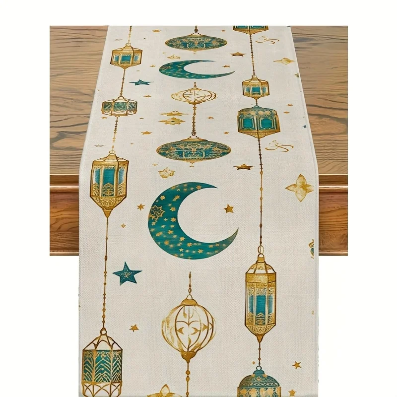 1 Stück Ramadan-Tischläufer mit goldenem und grünem Laternen-Mond-Aufdruck – rechteckige Leinen-Tischdecke mit Halbmond, Sterne