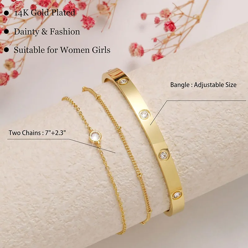 Cuff Stack Bracelets for Women Girls Dainty 14K Gold Plated Stackable Trendy Tennis Chain Layered Bangle Waterproof Jewelry