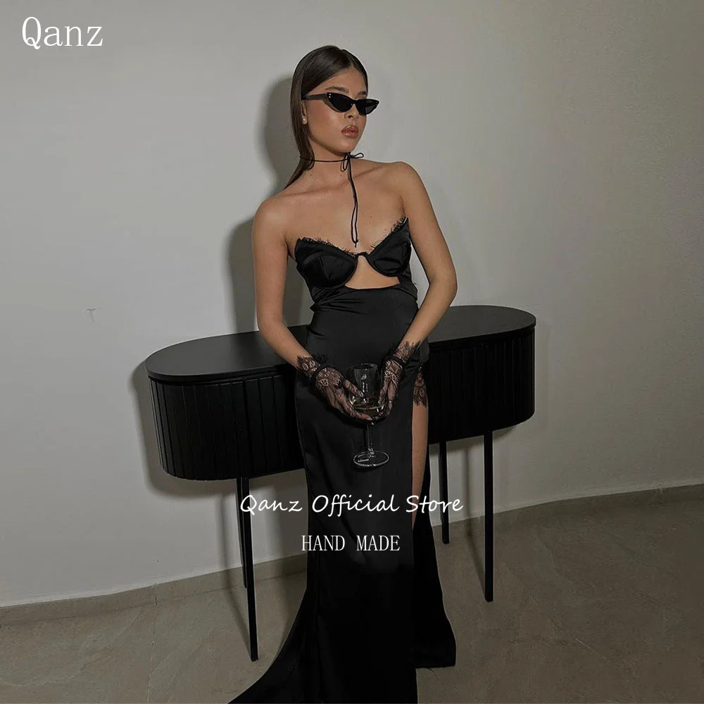 

Qanz Sexy Leg Slit Evening Dresses Strapless Black Satin Lace Up Back Mermaid Vestidos De Noche Dress Party Night For Women 2024