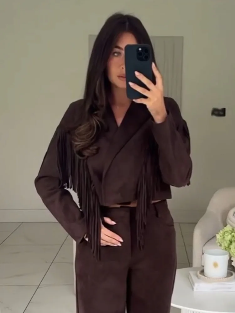 HH المرأة شتاء موضة جديدة الصلبة بدوره إلى أسفل طوق طويلة الأكمام شرابة الديكور معطف الإناث شارع العليا سترات قصيرة غير رسمية