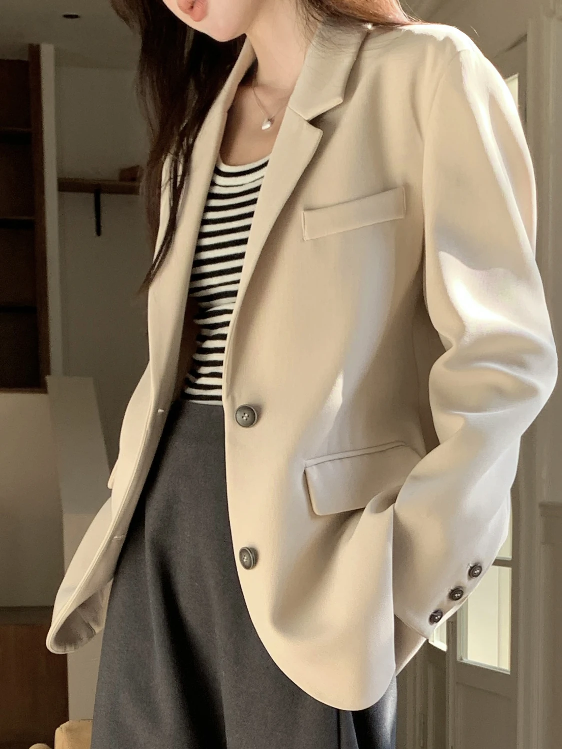 

Beige Women's Suit Jaet Loose Casual Sle Korean Version Spring Autumn New Arrival Basic Model Windproof Long Sve